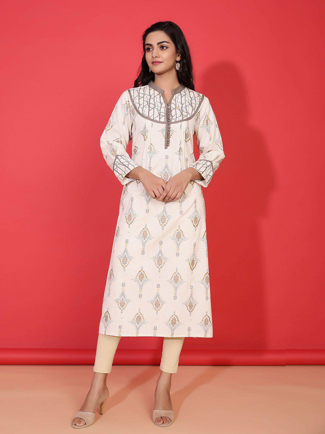 tistabene women white & beige cotton ethnic motifs printed kurta