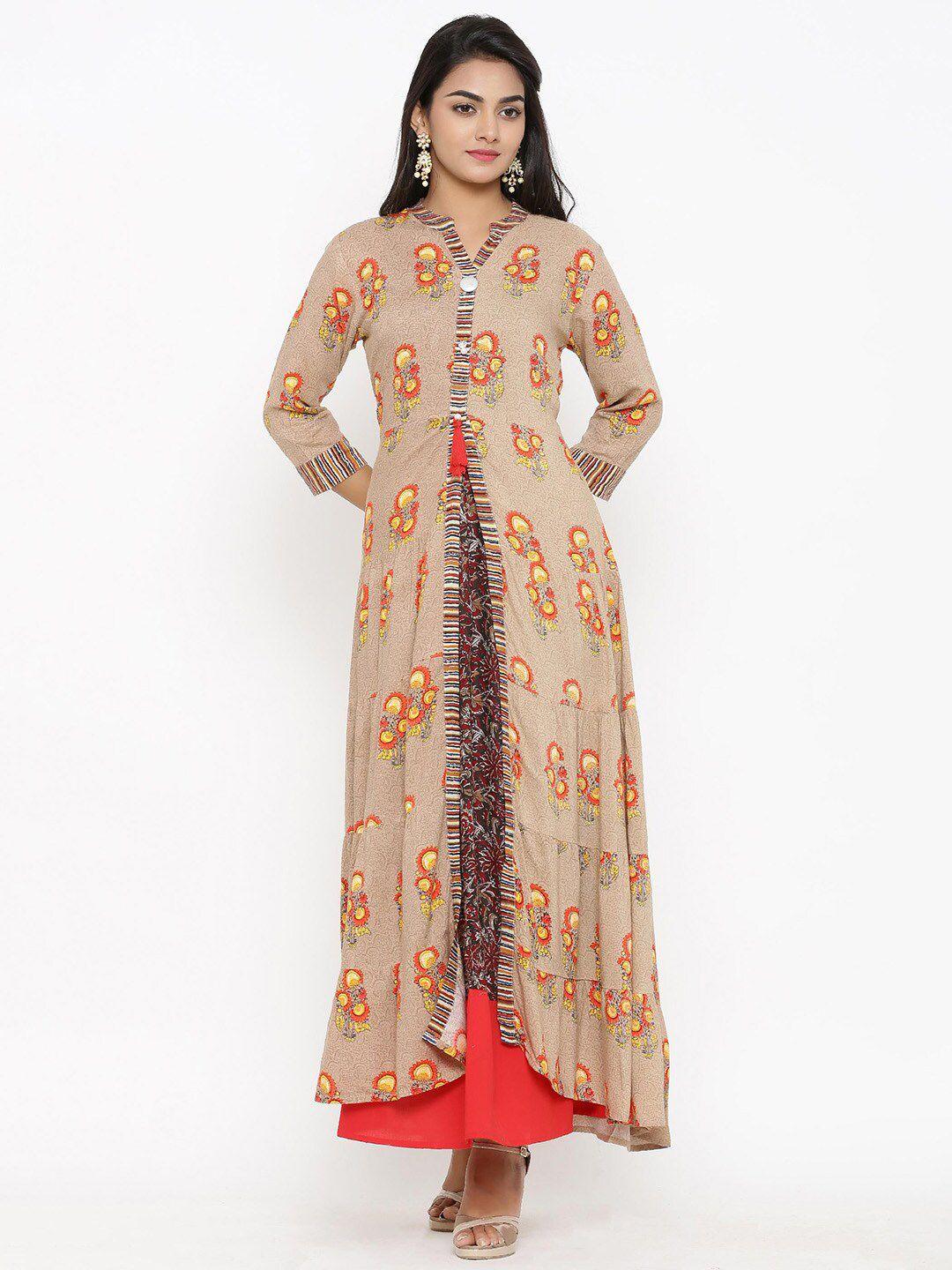 tistabene women beige ethnic motifs printed layered kurta