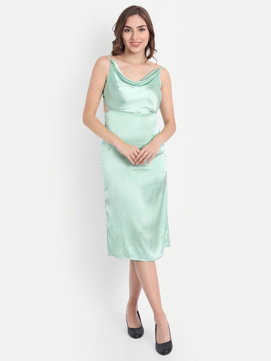 emprall women green cowl neck satin sheath dress