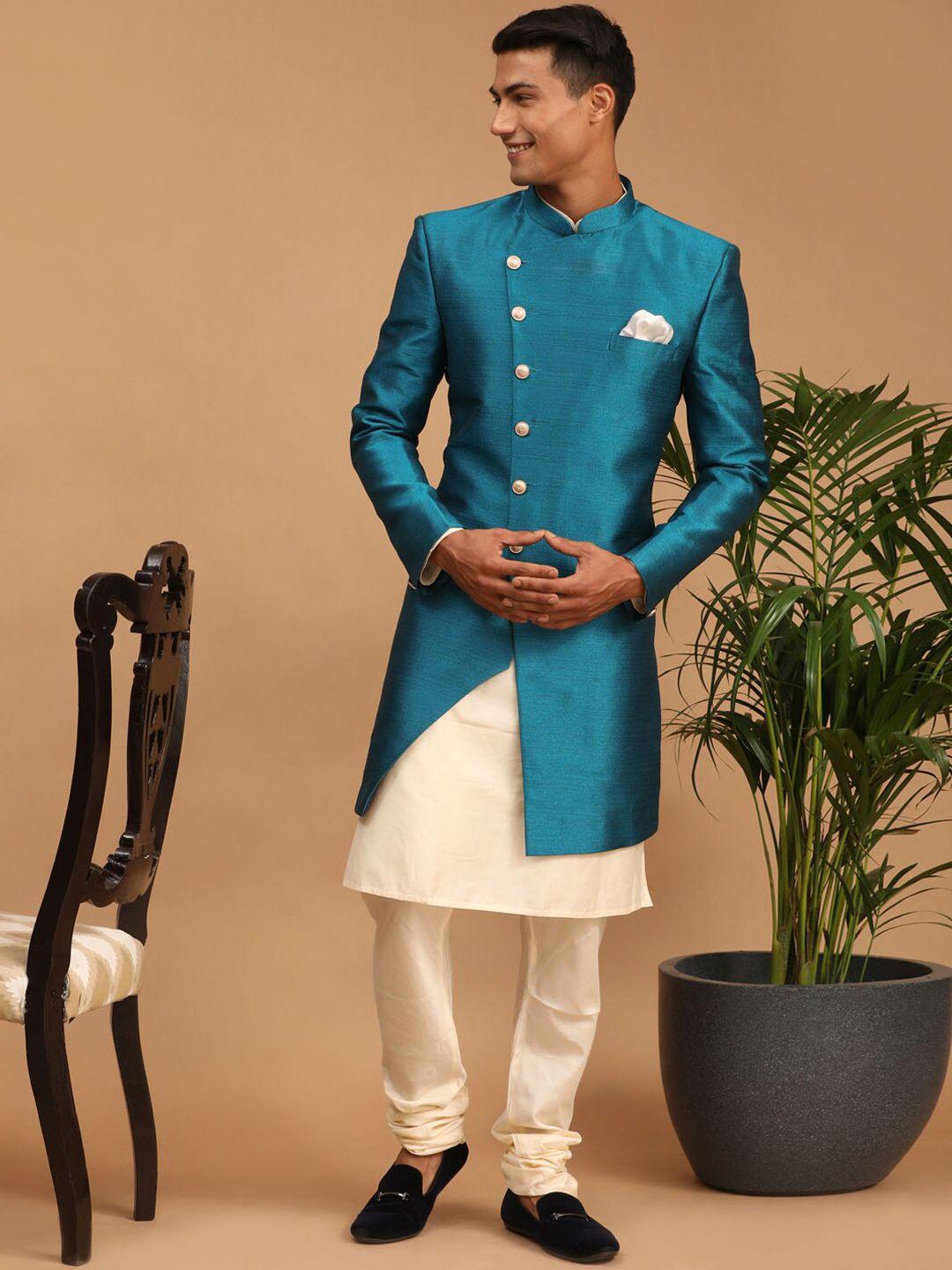 vastramay men turquoise blue solid kurta pyjama sherwani set