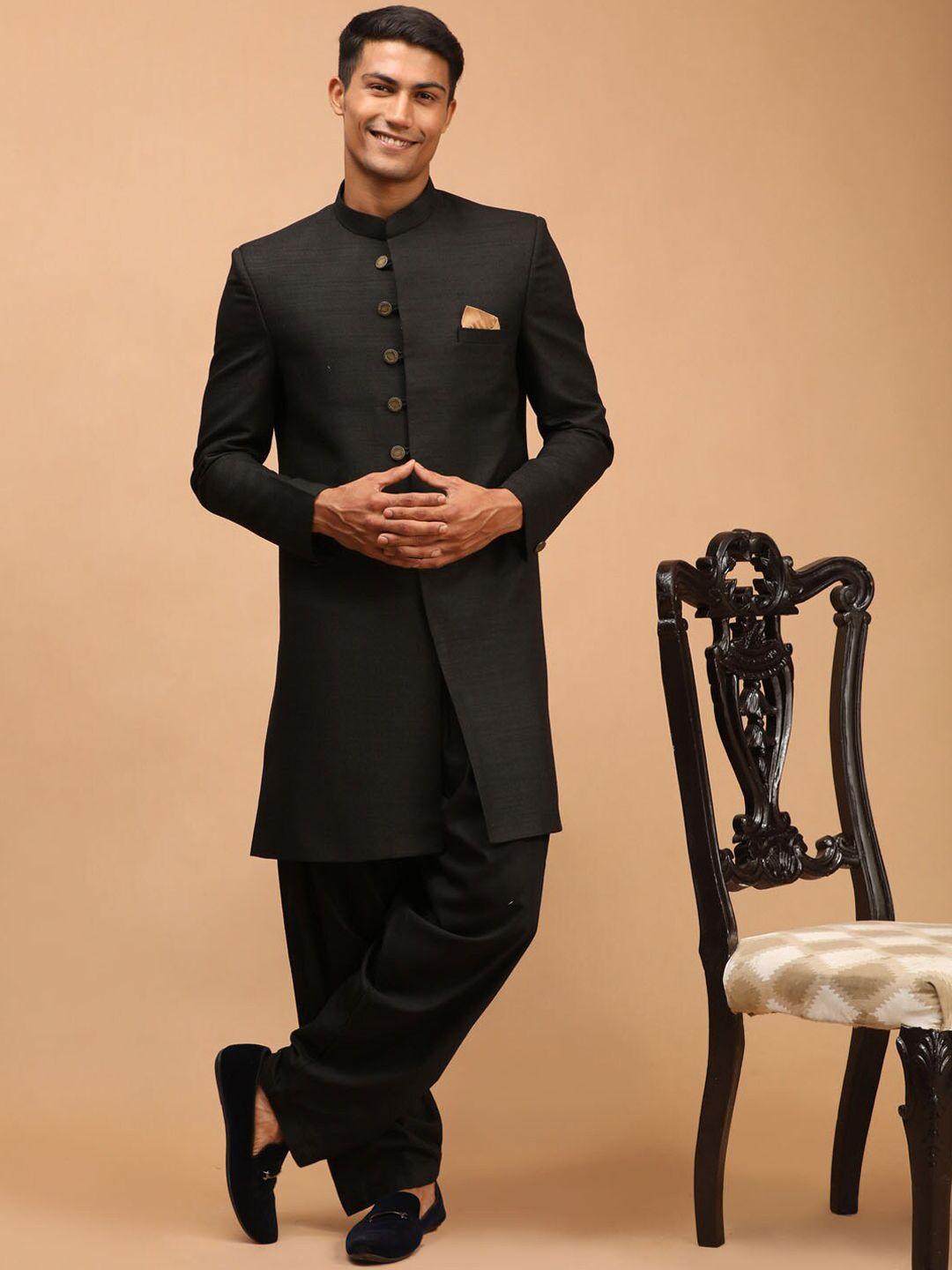 vastramay men black solid sherwani set