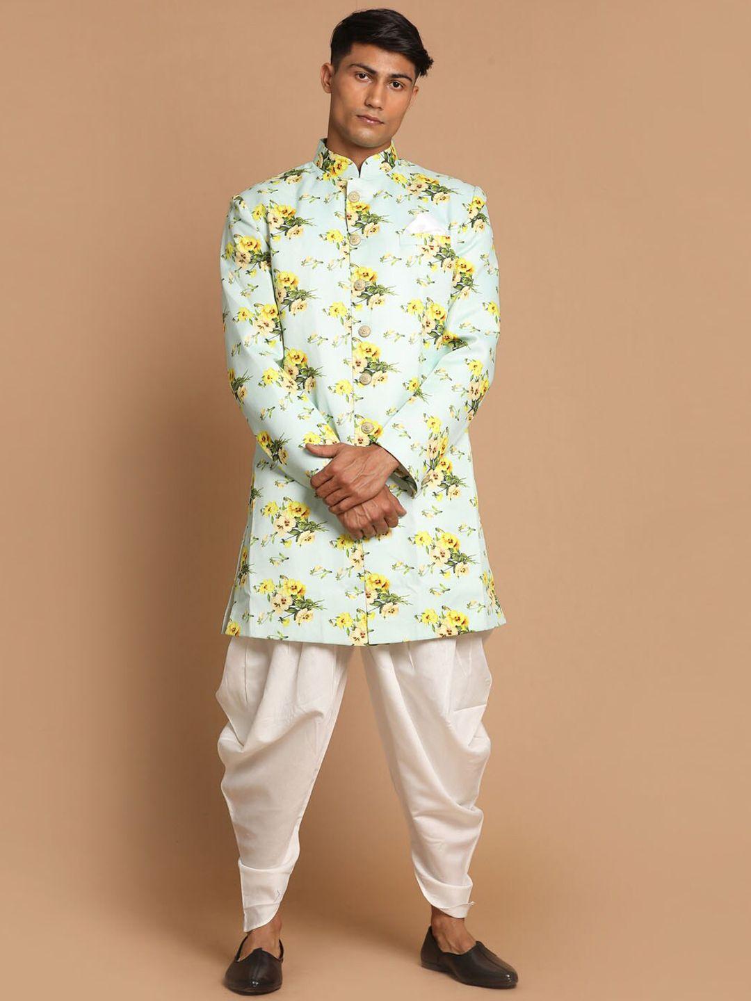 vastramay men floral printed cotton blend sherwani set