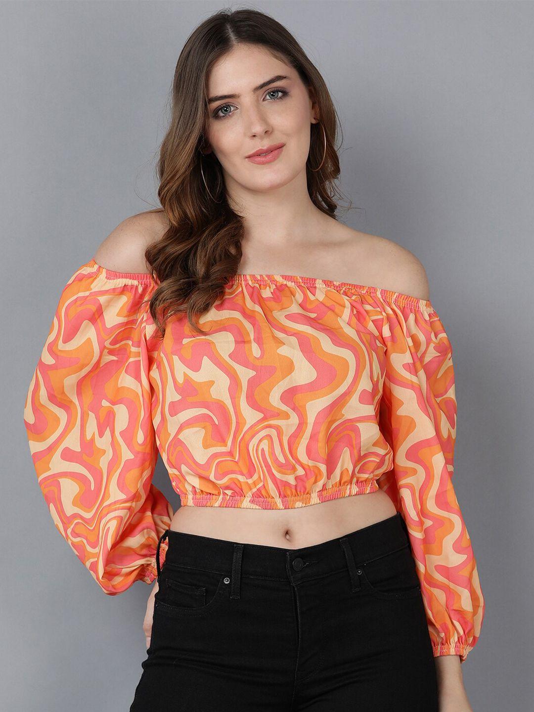 dressberry women orange & cream-coloured print off-shoulder crepe bardot crop top