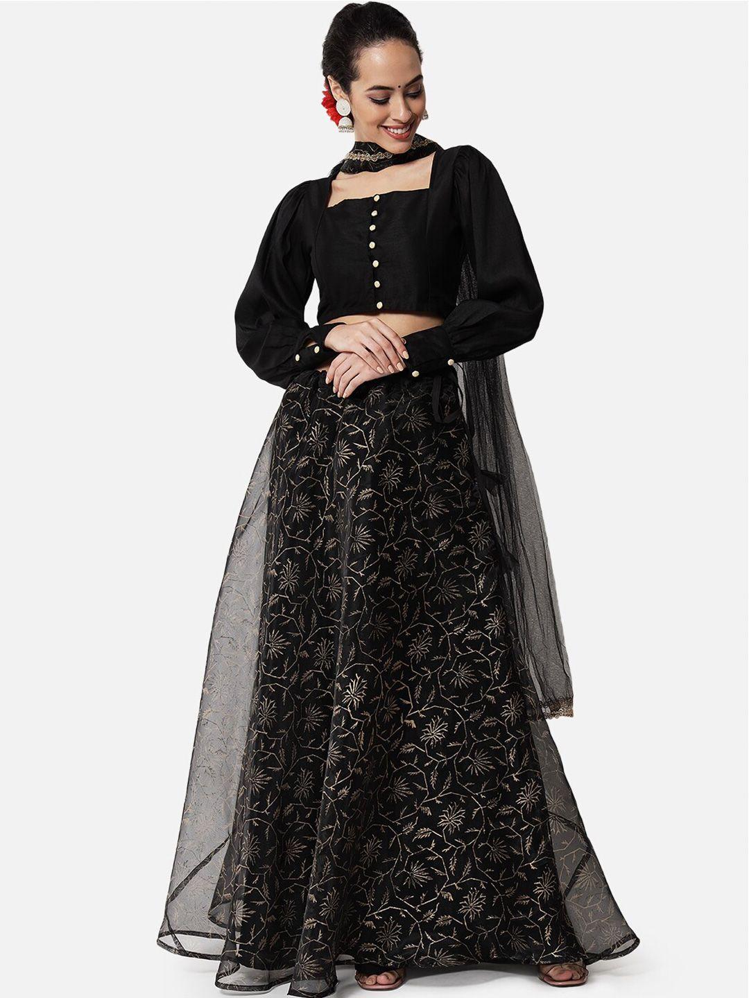 studio rasa women black and gold toned block print lehenga and blouse with dupatta