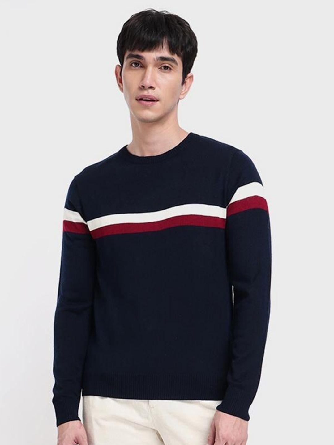 bewakoof men navy blue & white striped acrylic pullover sweater