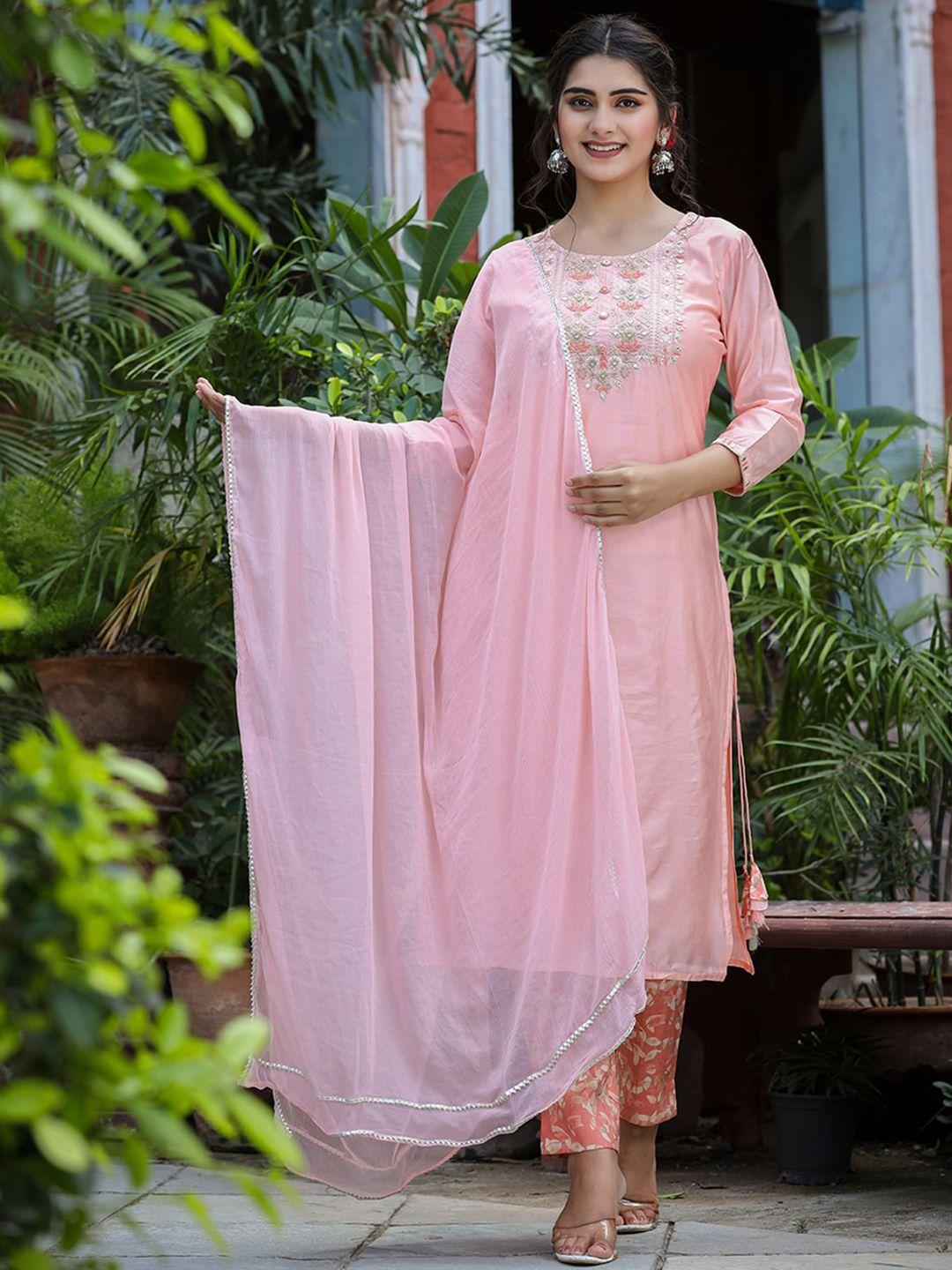 kaajh women pink floral mirror work pure silk kurta with trousers & with dupatta