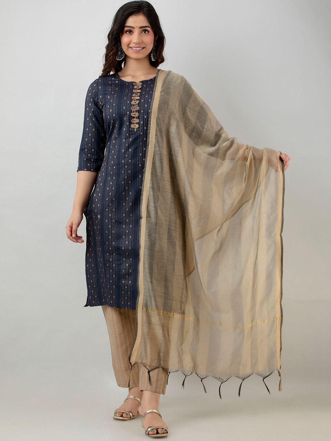 ckm women blue printed kurta with trouser & with dupatta