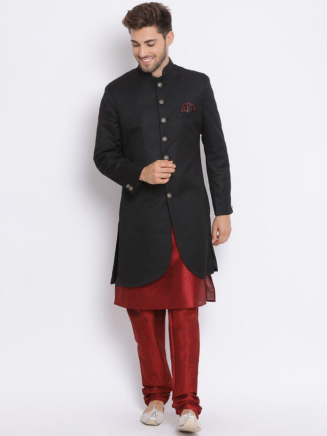 hangup men black solid sherwani set