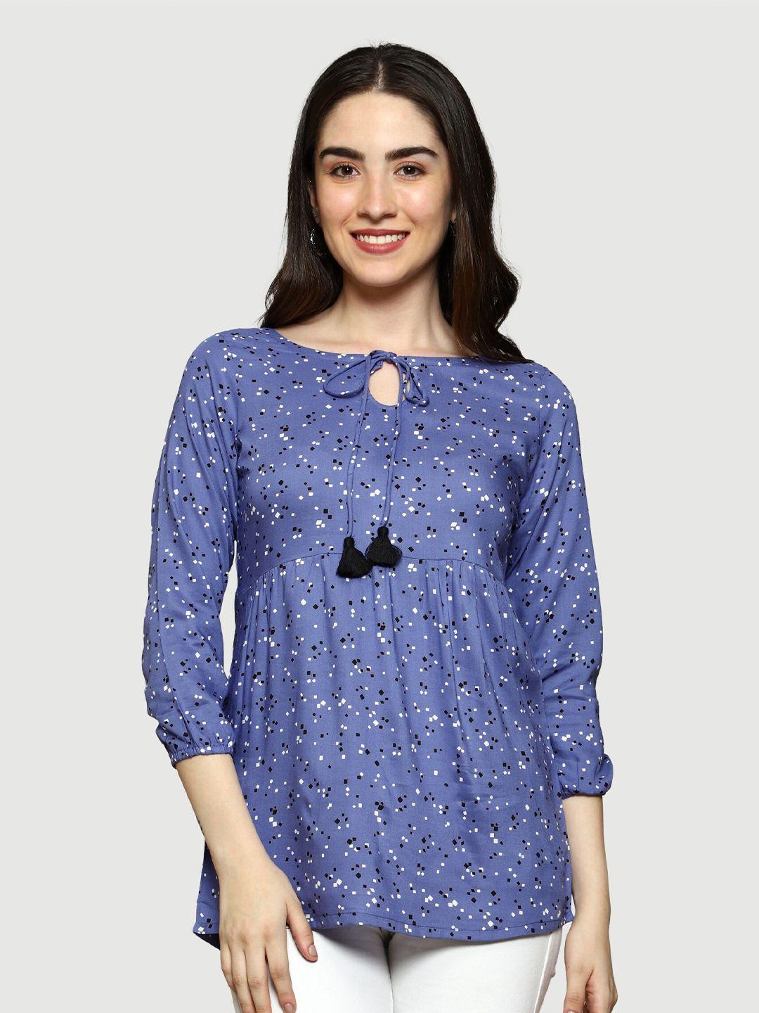 anuthi women blue geometric print tie-up neck top