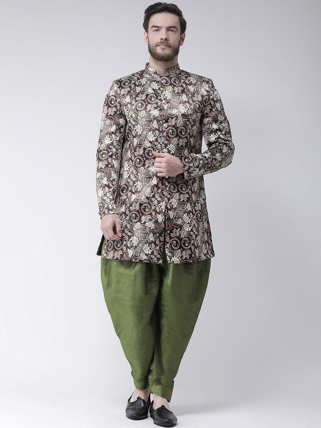 hangup men coffee brown & green floral printed sherwani set