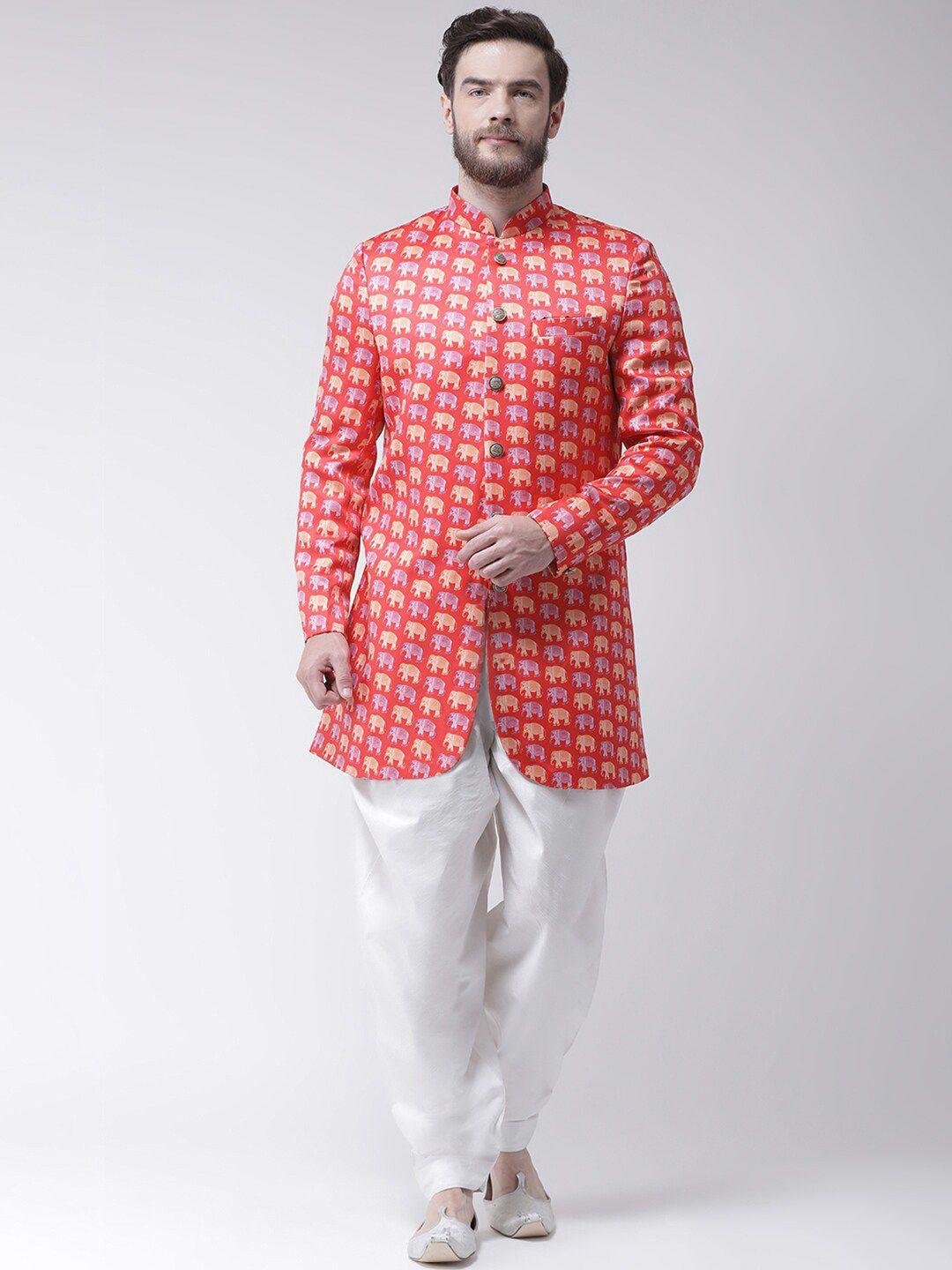 hangup men red & gold printed sherwani set