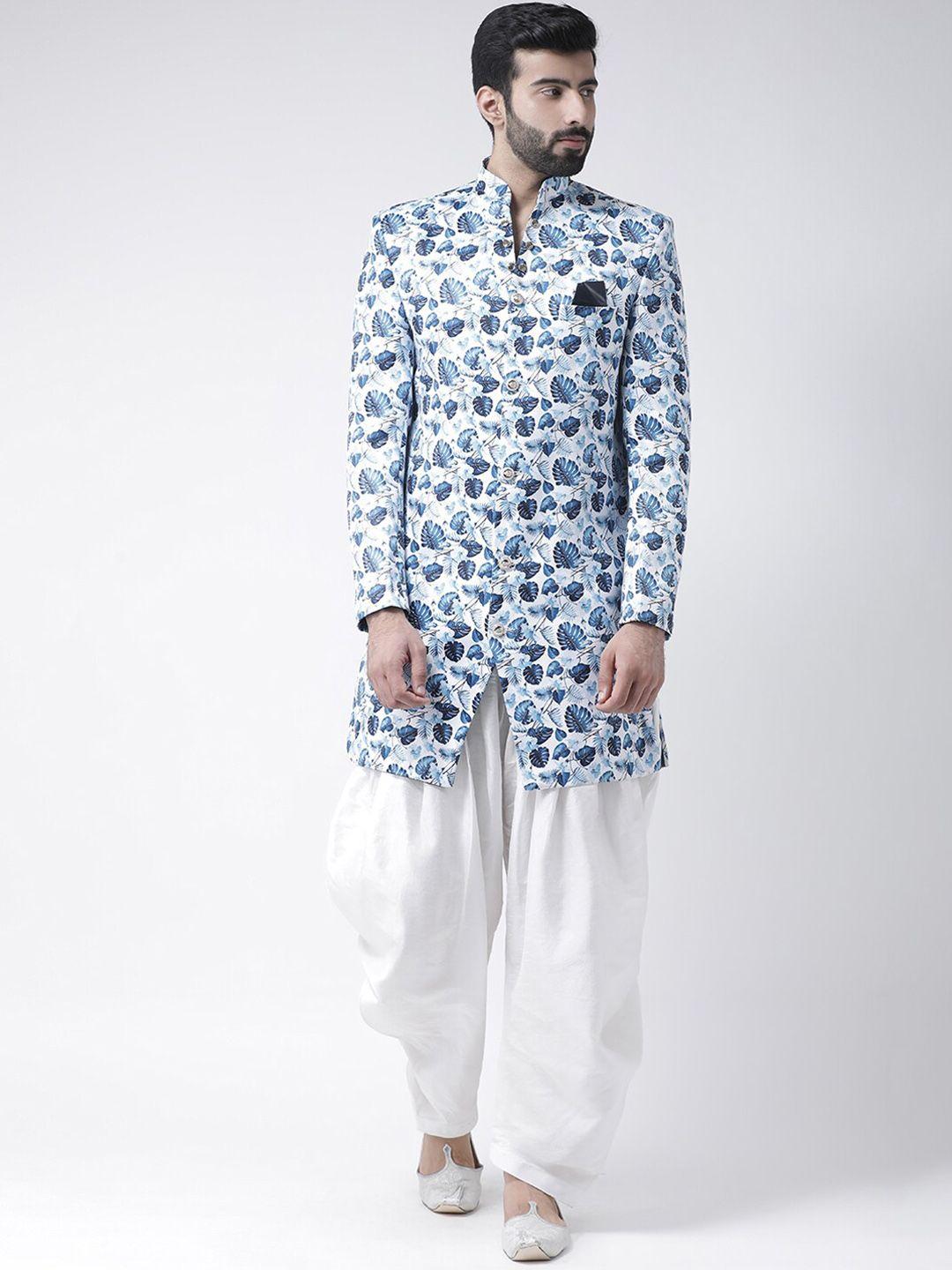 hangup men white & blue printed sherwani set