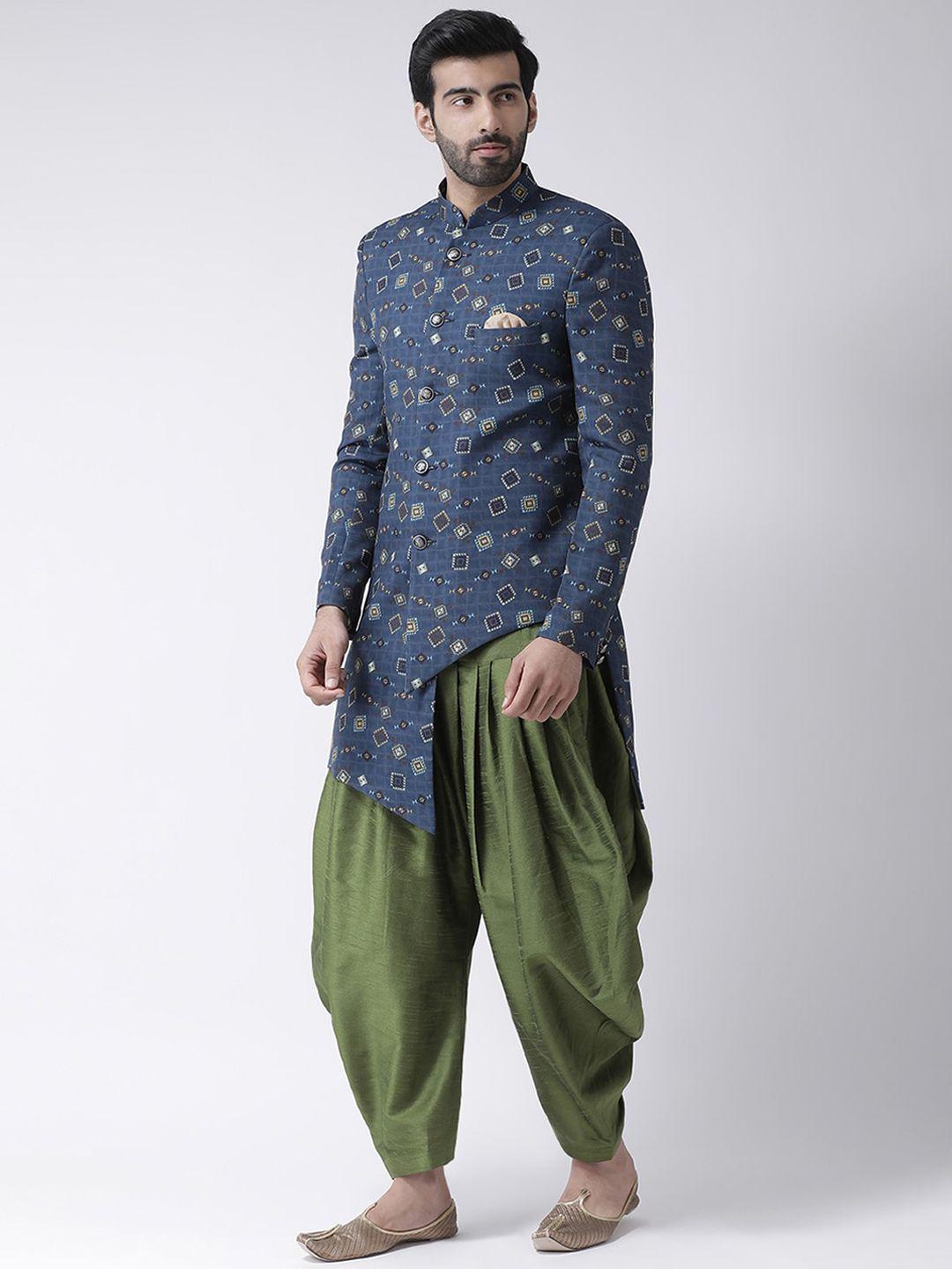 hangup men blue & green printed sherwani