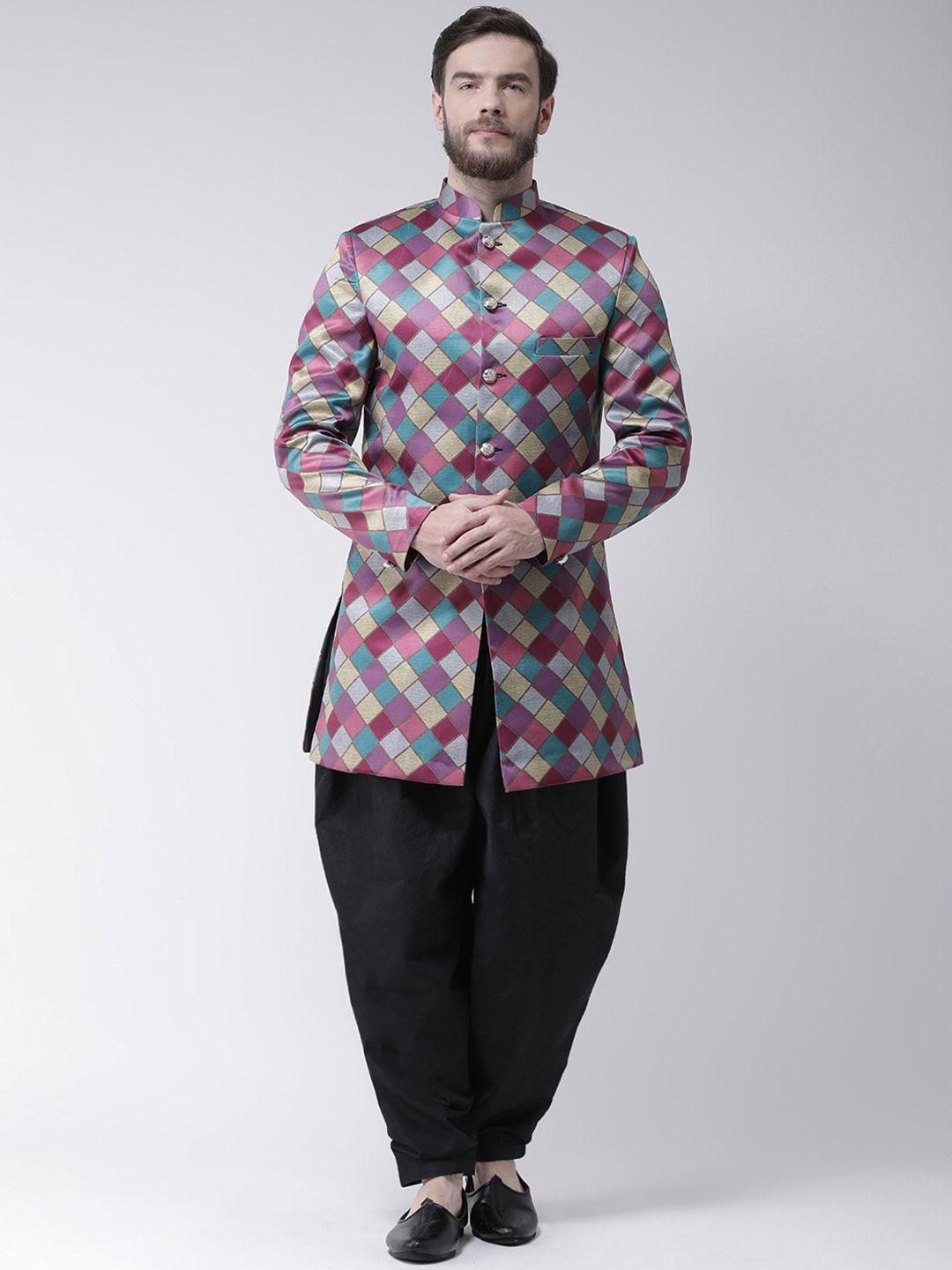 hangup men pink & black checked sherwani set