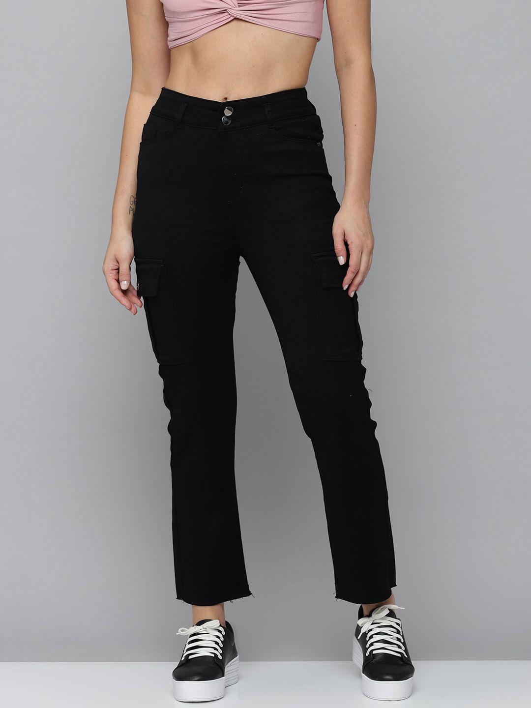 showoff women black jean straight fit high-rise slash knee stretchable jeans