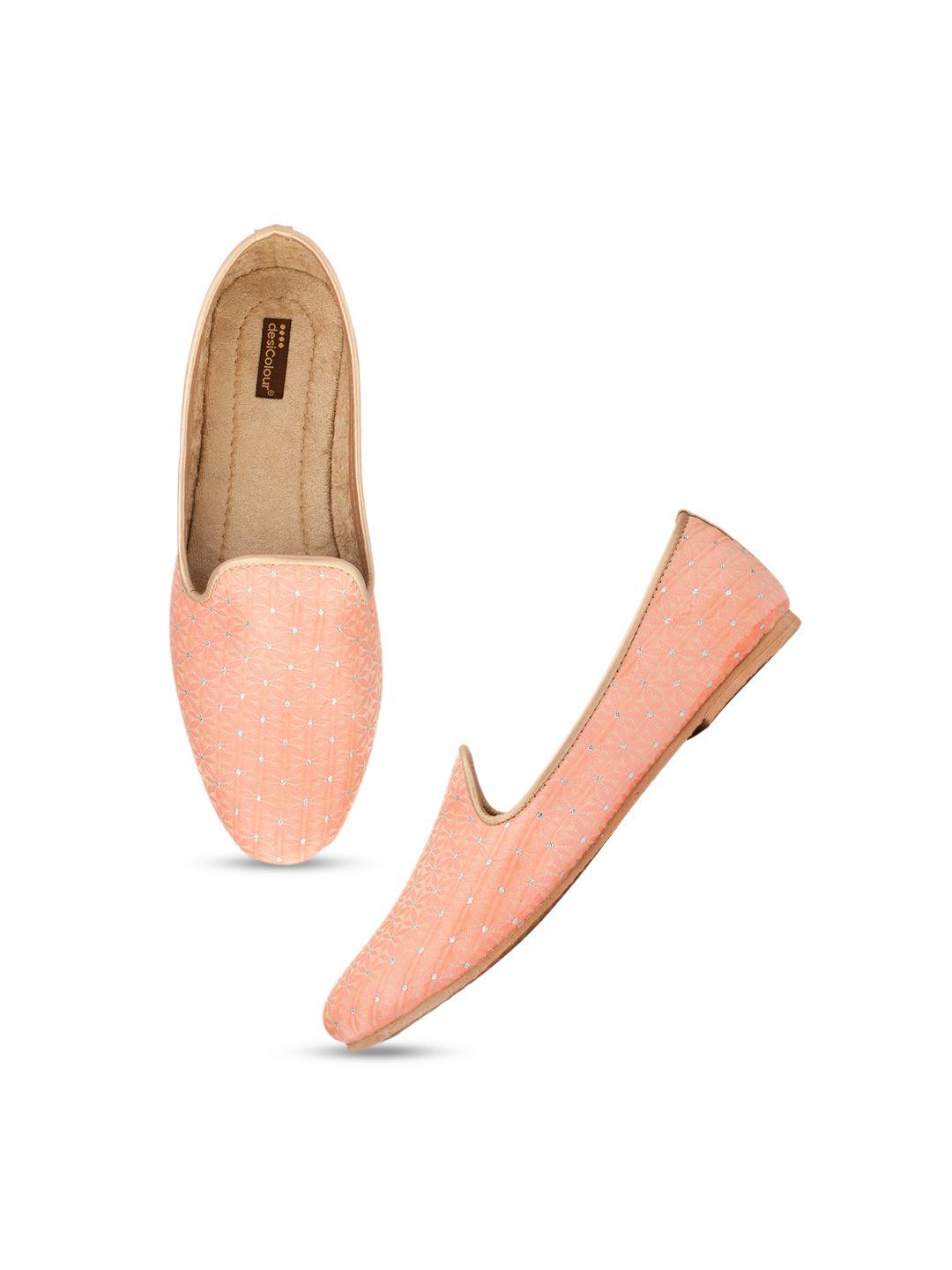 desi colour men peach-coloured embellished ethnic ballerinas with embroidered flats