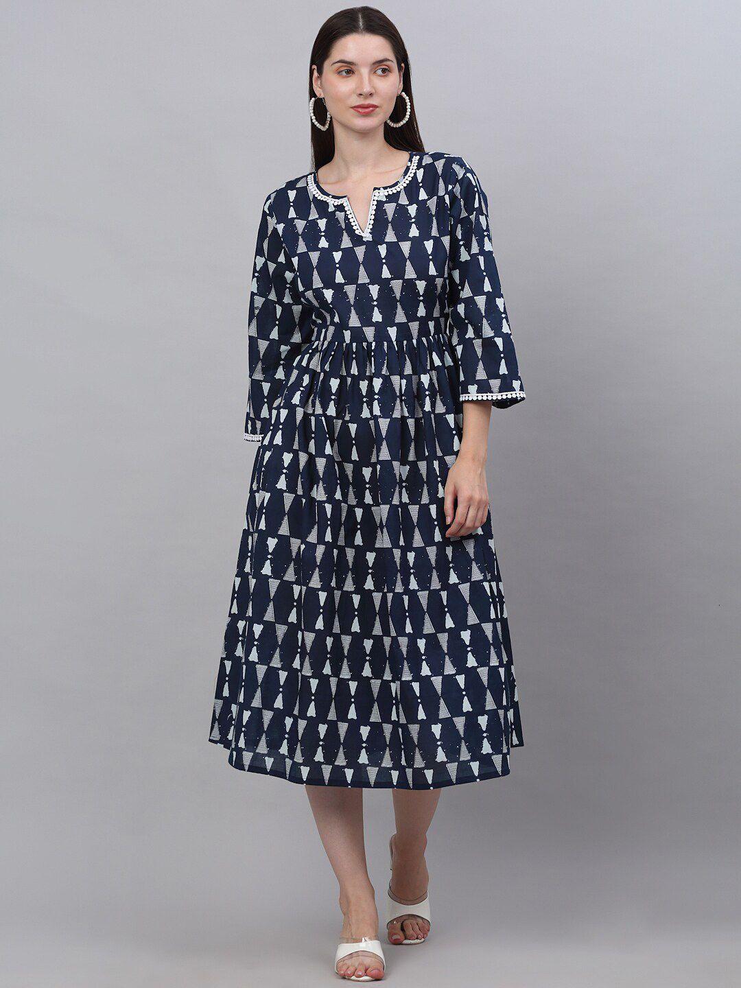 kalini women navy blue geometric printed cotton flared sleeves indigo kurta