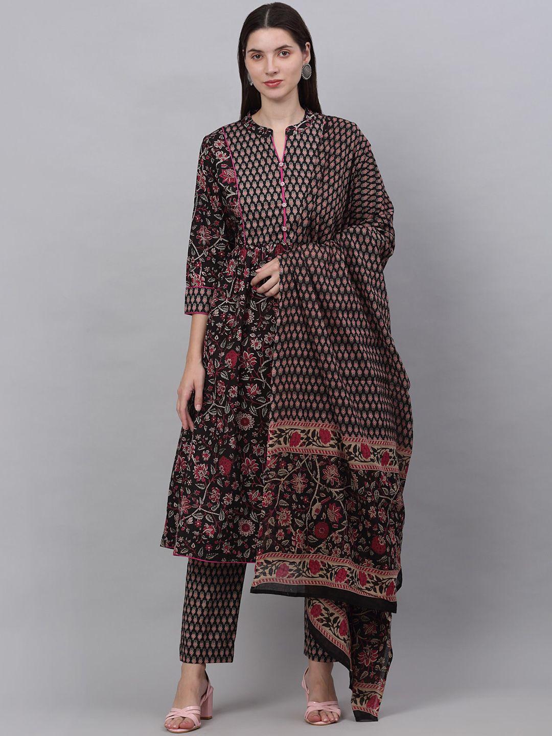 kamayra women black floral printed pure cotton kurta with trousers & with dupatta