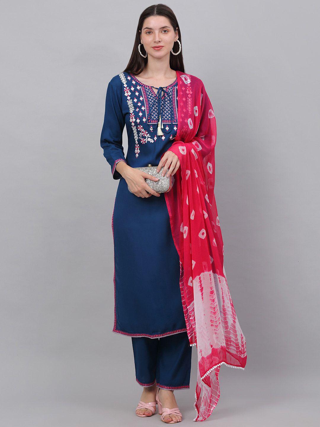 kamayra women floral embroidered straight kurta  with trousers & with dupatta