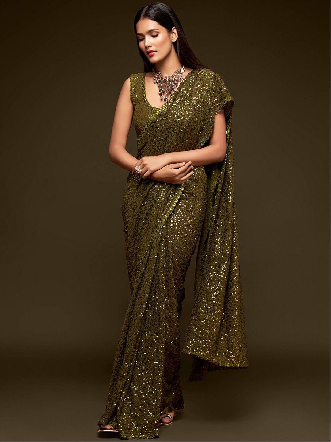 fabpixel olive green embellished sequinned pure georgette saree