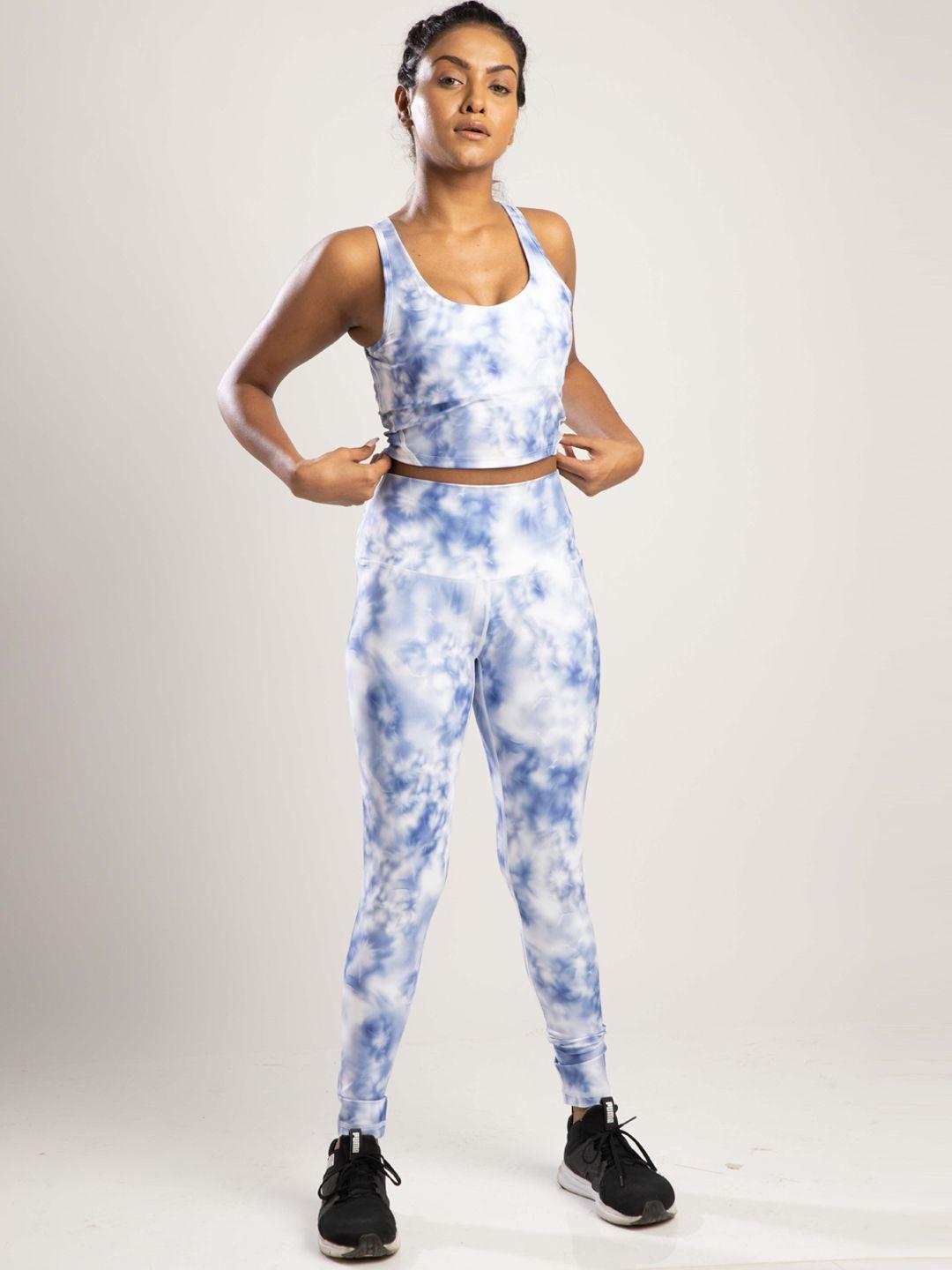 sknz women blue tie-dye printed top & tights set