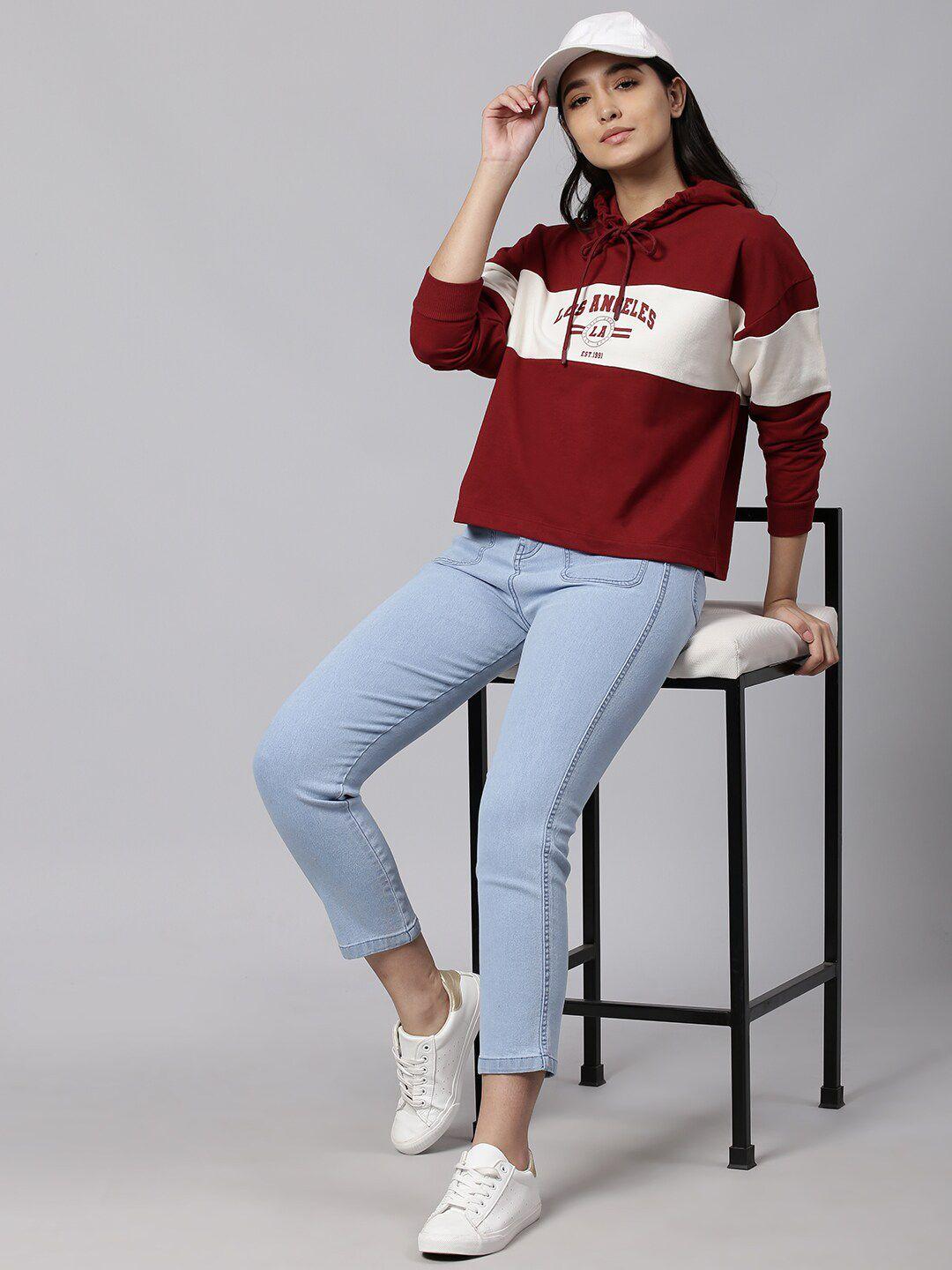 hubberholme women burgundy colourblocked hooded cotton sweatshirt