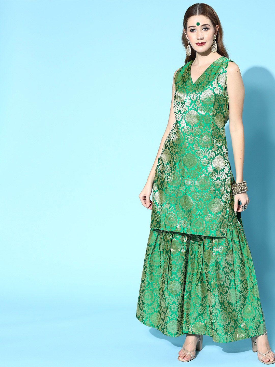 anayna women green floral embroidered kurta with sharara