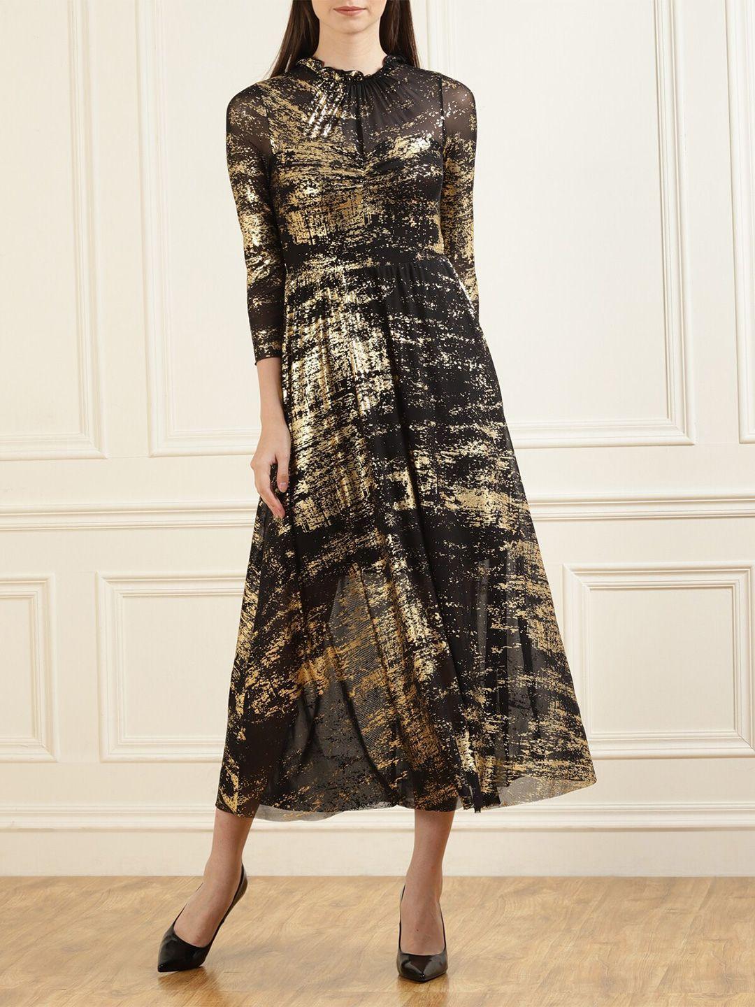 ted baker black & gold-toned foil printed midi dress