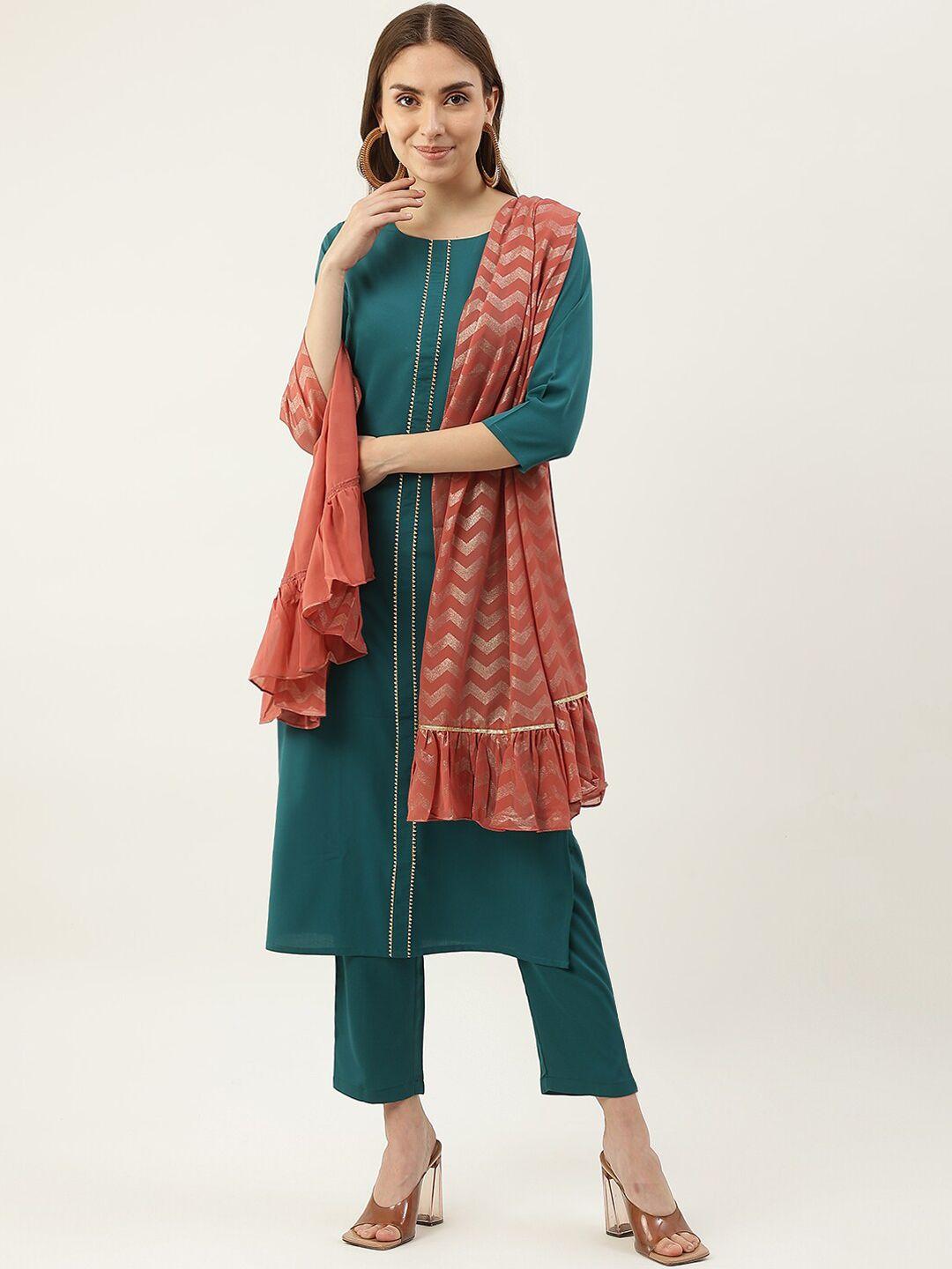 fiorra women green striped kurta with trousers & with dupatta