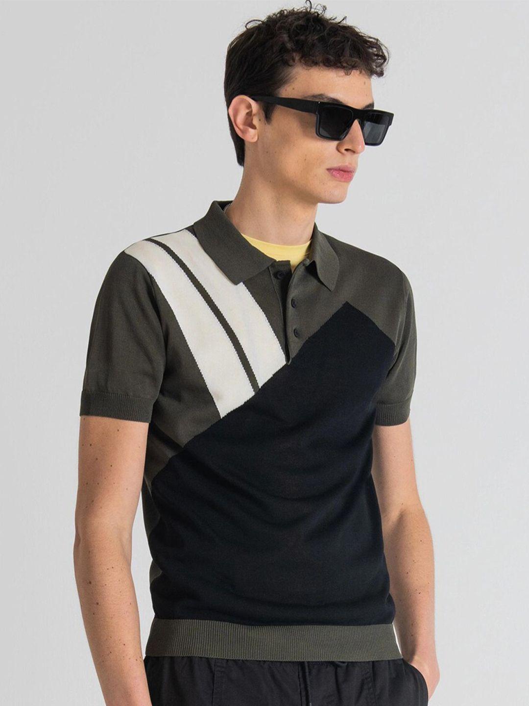 antony morato men olive green & white colourblocked pullover