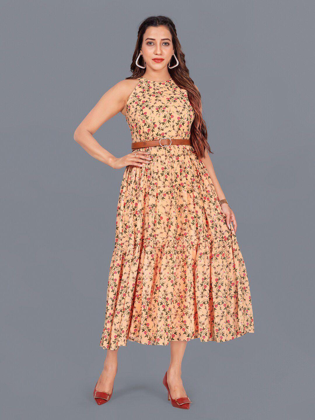 fashion dream women cream-coloured floral georgette midi dress