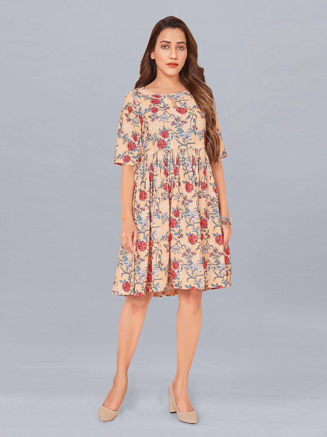 fashion dream women cream-coloured floral printed dress