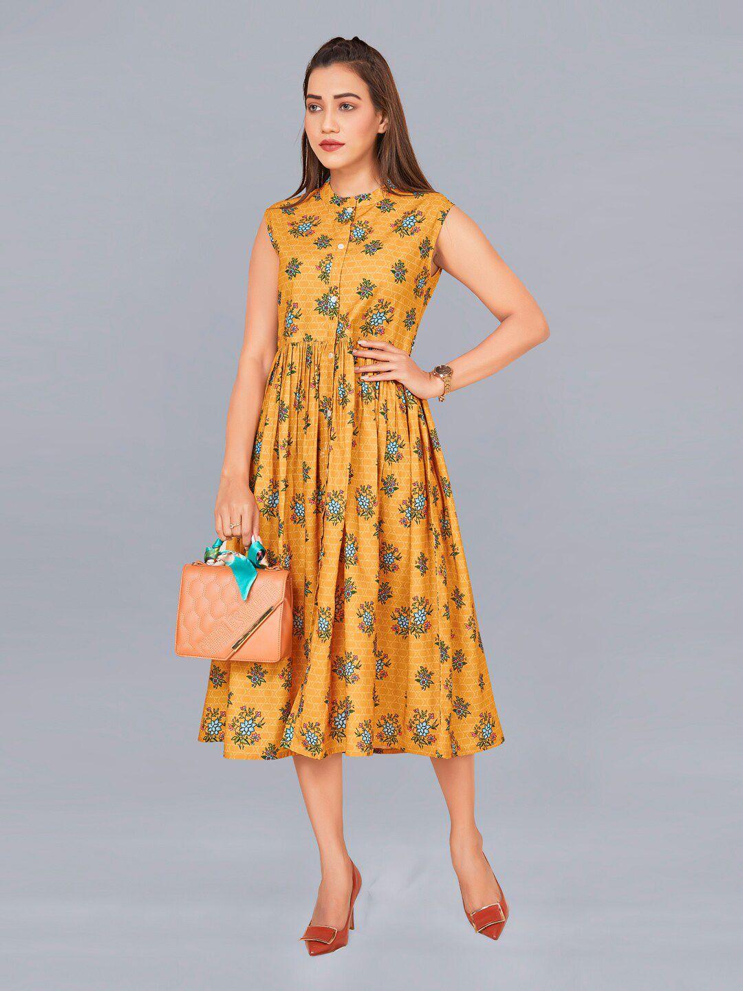 fashion dream women yellow floral printed midi dress