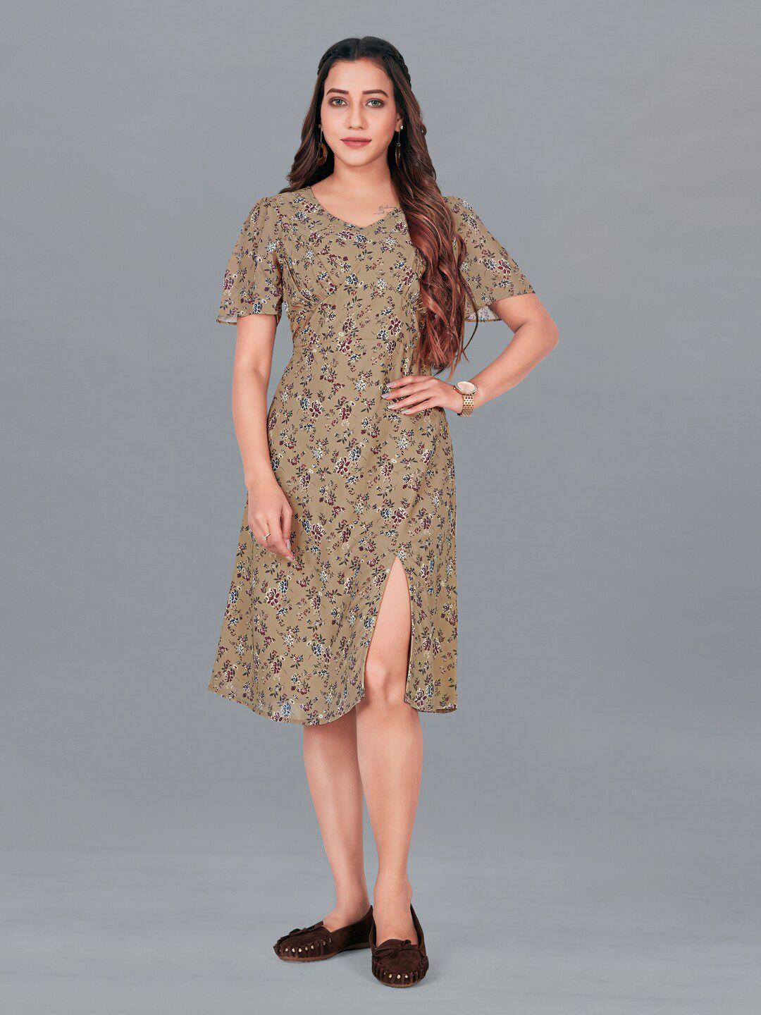 fashion dream beige floral georgette a-line dress