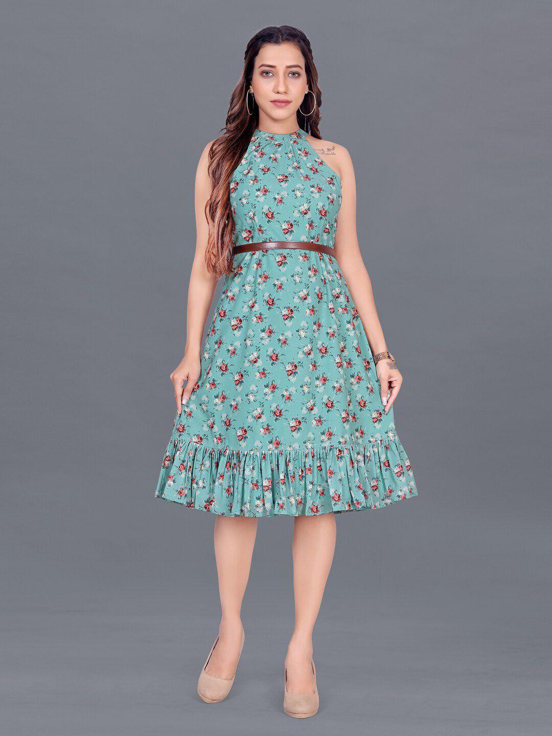 fashion dream green floral georgette dress