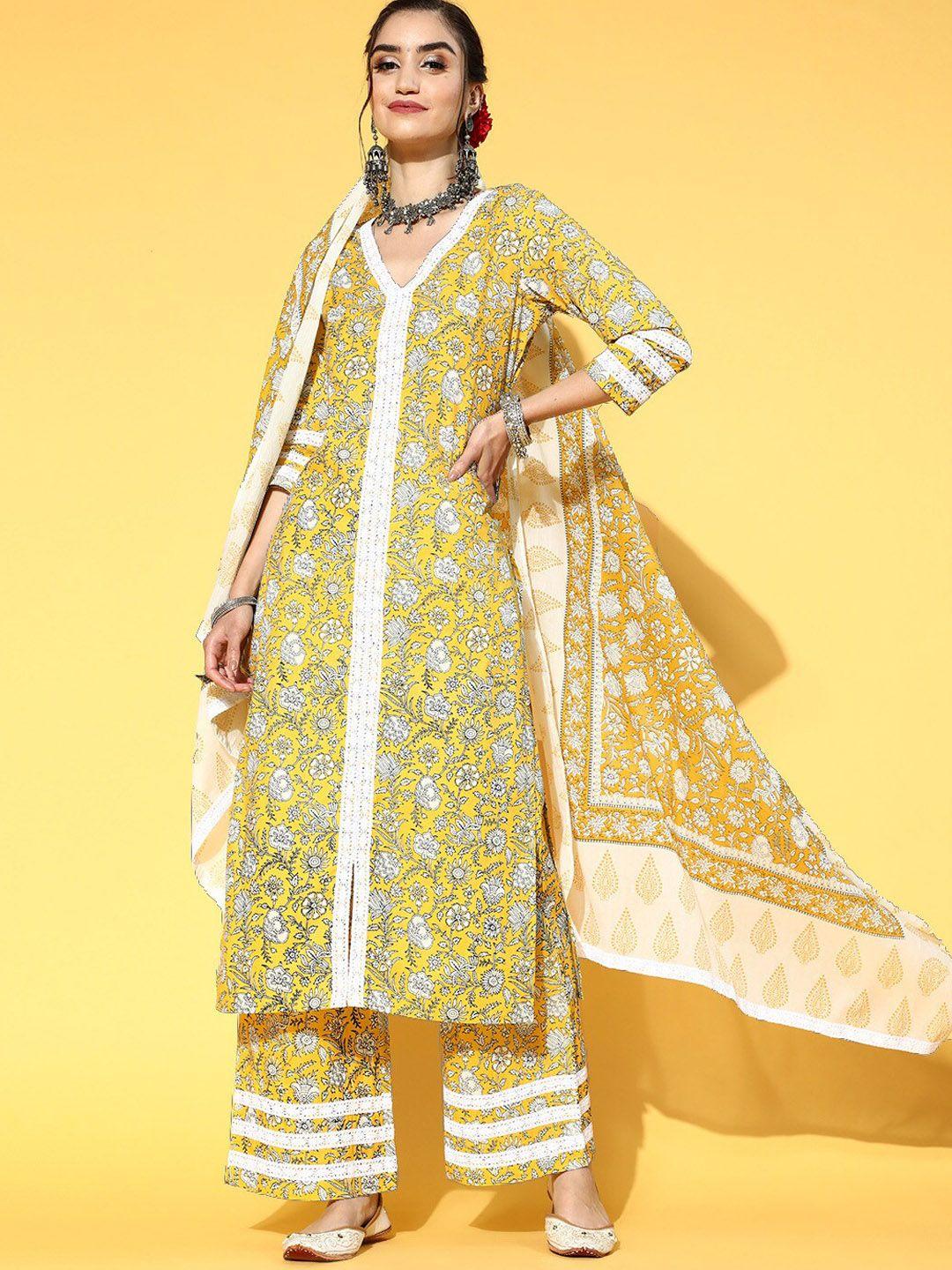 kipek women floral printed pure cotton kurta with palazzos & with dupatta