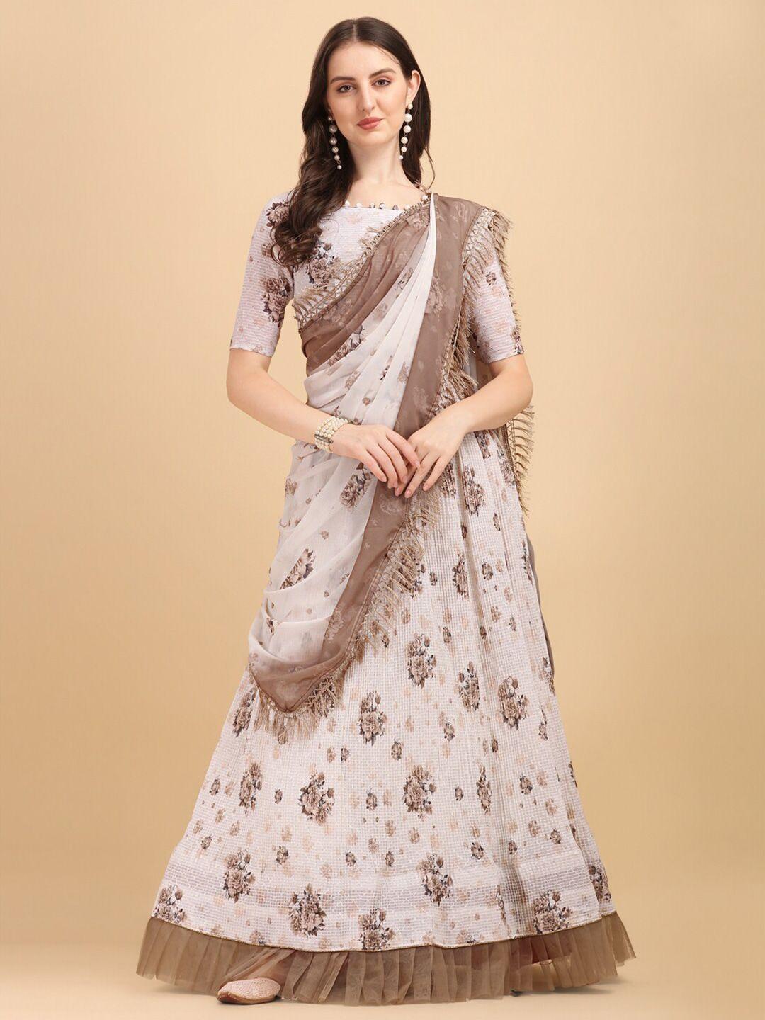 fab viva white & brown printed sequinned semi-stitched lehenga & unstitched blouse with dupatta