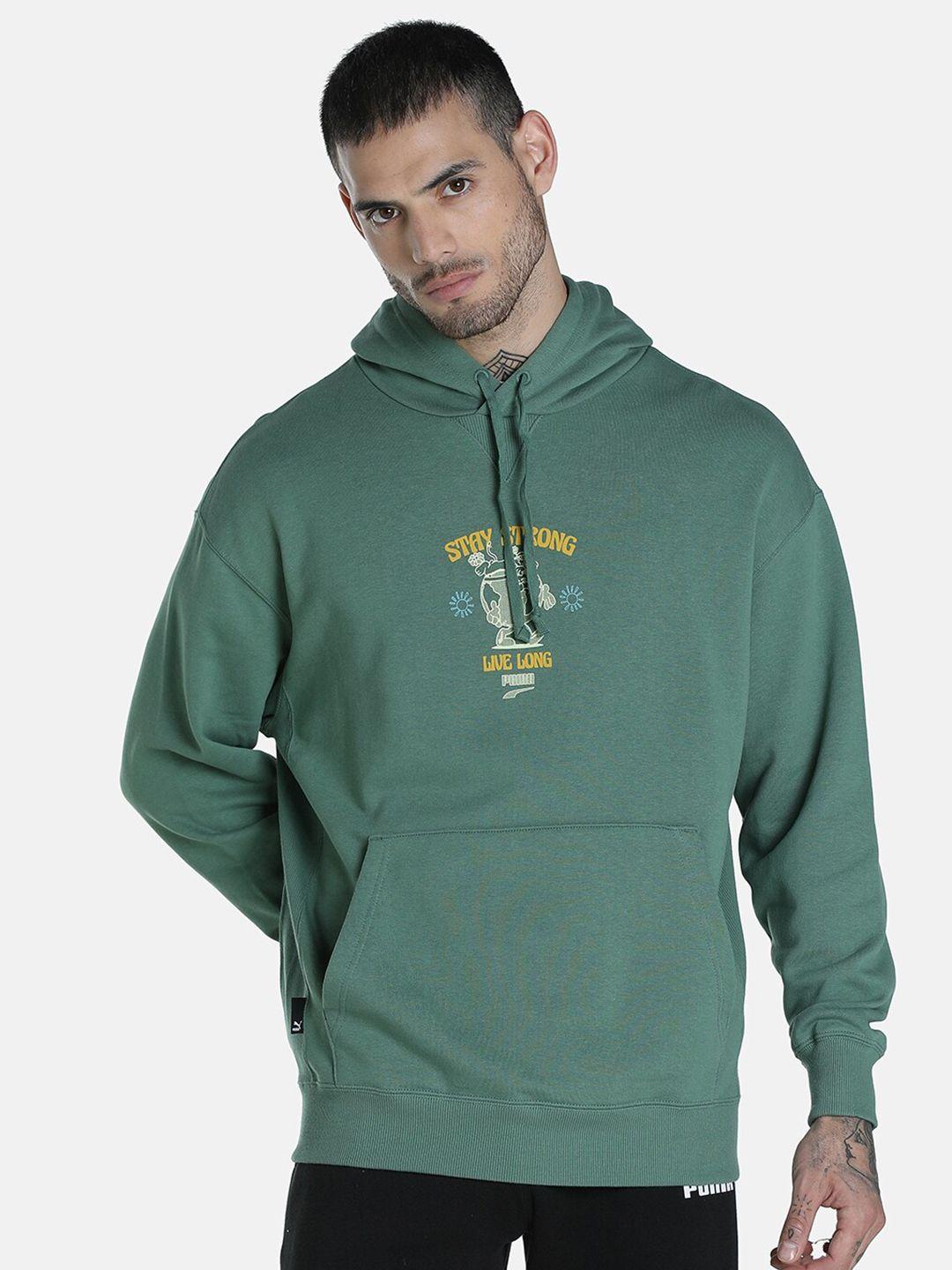 puma men green downtown graphic printed hooded sweatshirt