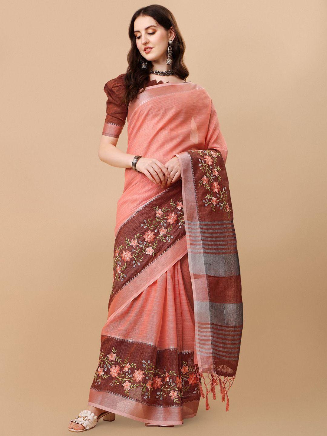 mitera peach-coloured & brown zari pure linen saree