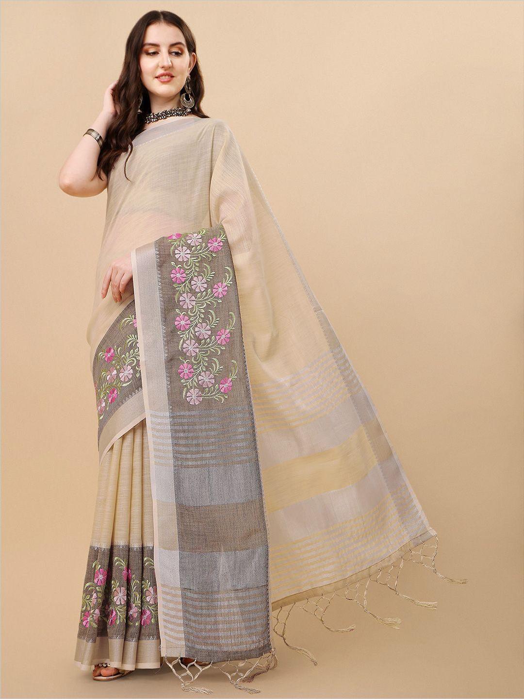 mitera beige & pink embroidered pure linen saree