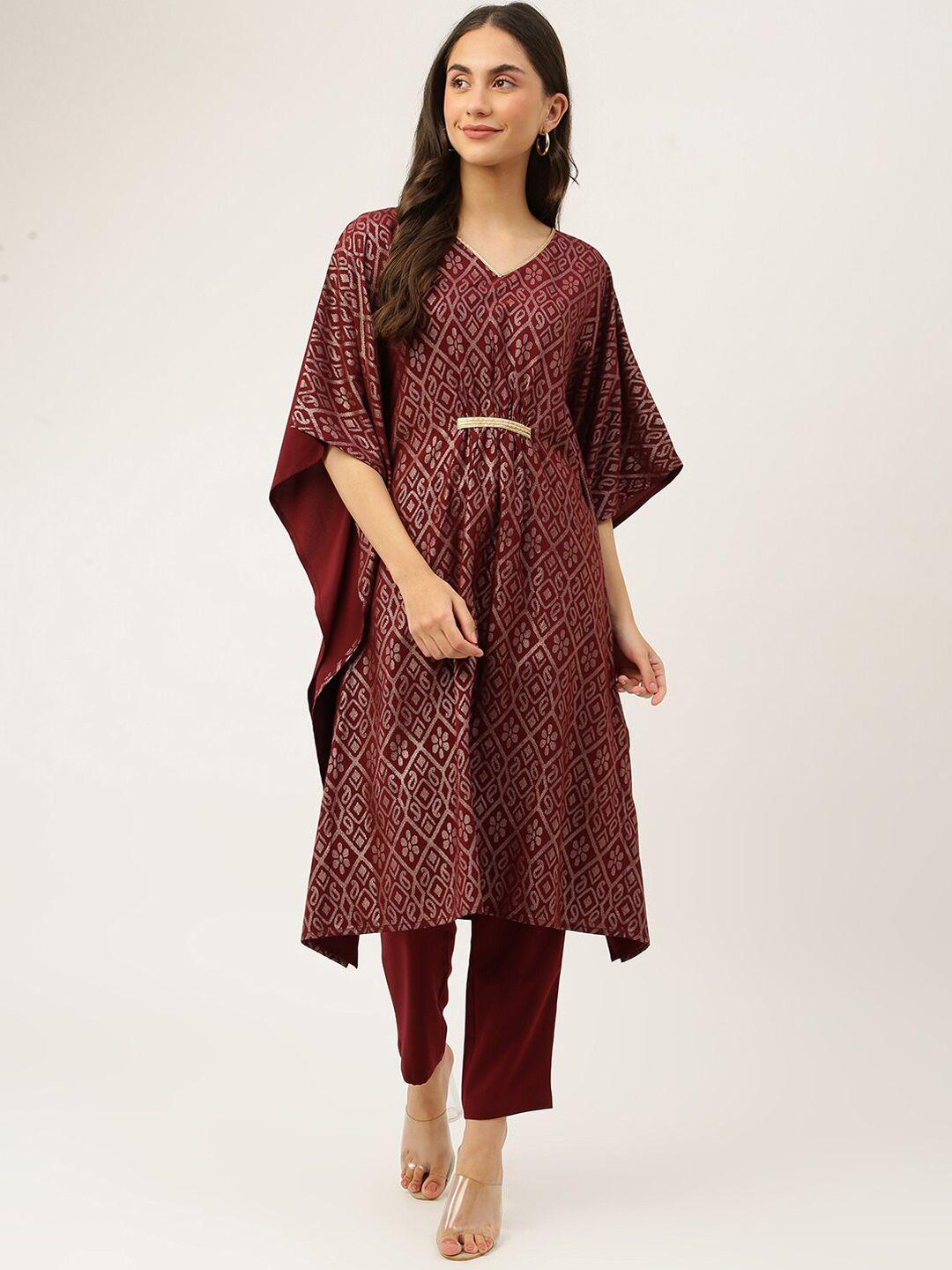 fiorra women ethnic motifs printed kaftan kurta with trouser set