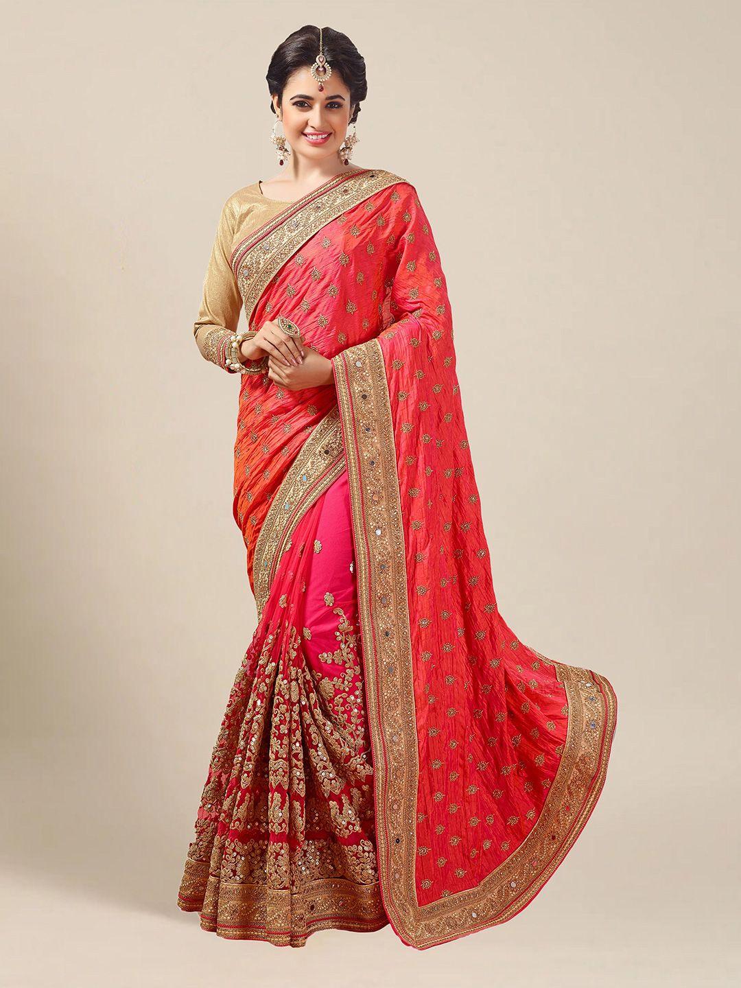 ms retail orange & gold-toned floral embroidered art silk saree