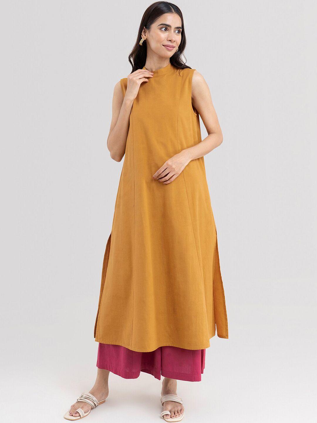 marigold by fablestreet women mustard solid sleeveless a-line kurta