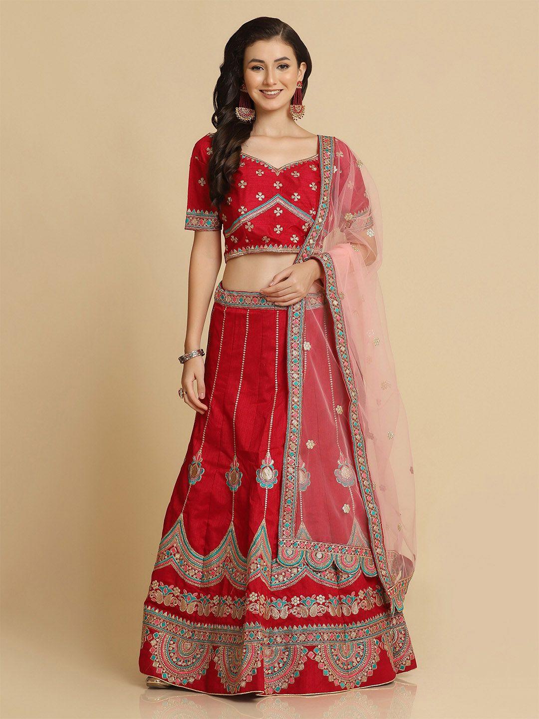 warthy ent maroon & blue embroidered thread work semi-stitched lehenga & unstitched blouse with dupatta