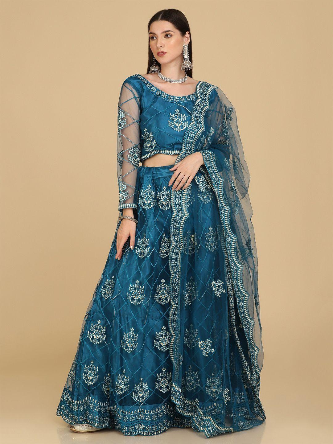 warthy ent turquoise blue & embroidered thread work semi-stitched lehenga & unstitched blouse with dupatta