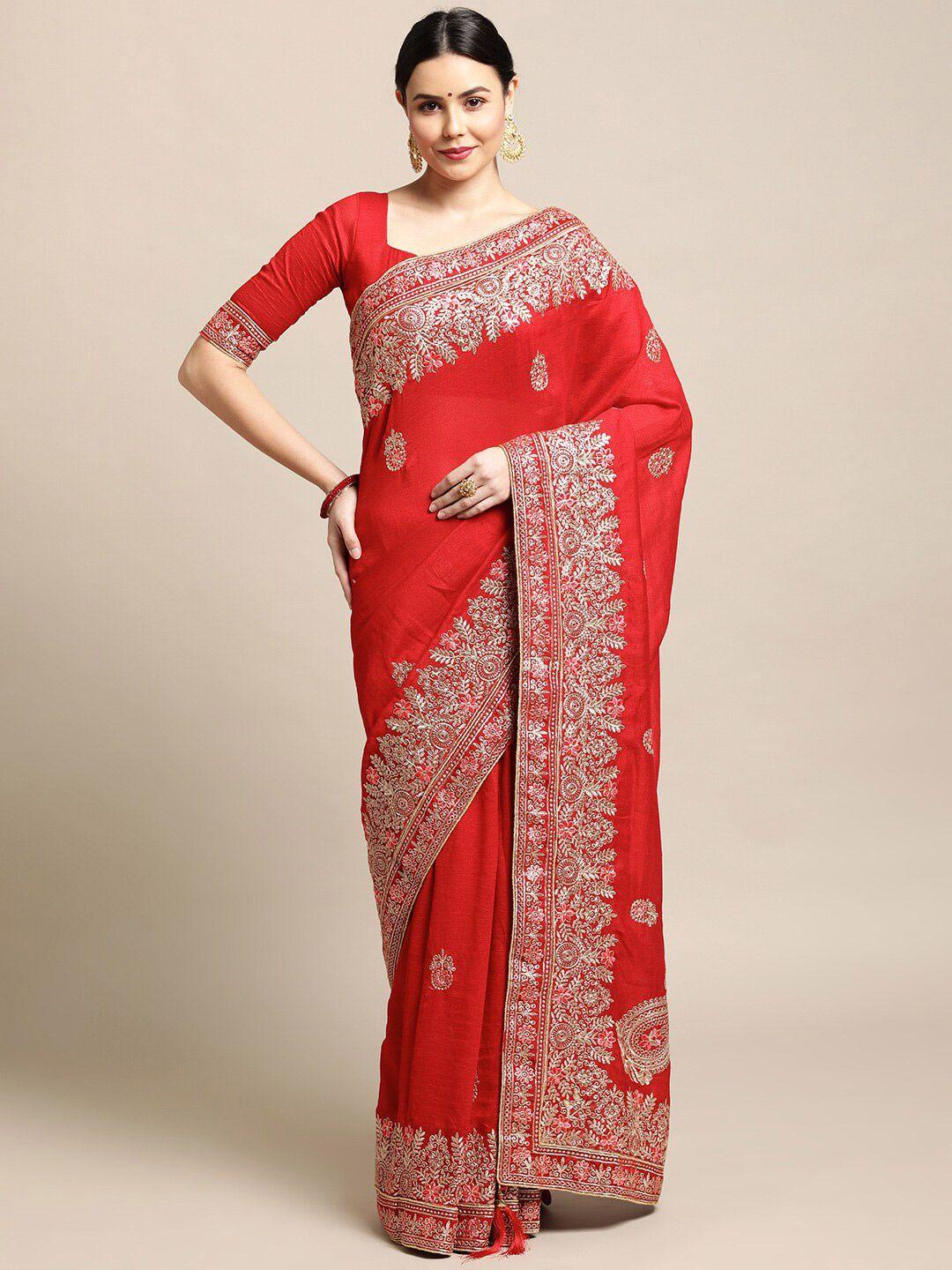 warthy ent red & gold-toned embellished embroidered saree