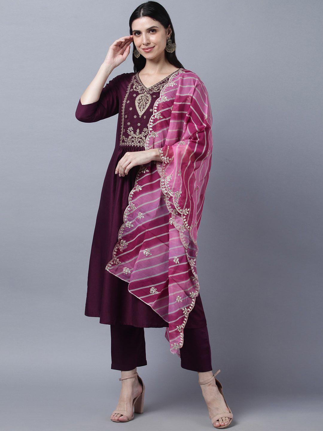 myshka women maroon ethnic motifs embroidered layered pure silk kurti with trousers & with dupatta