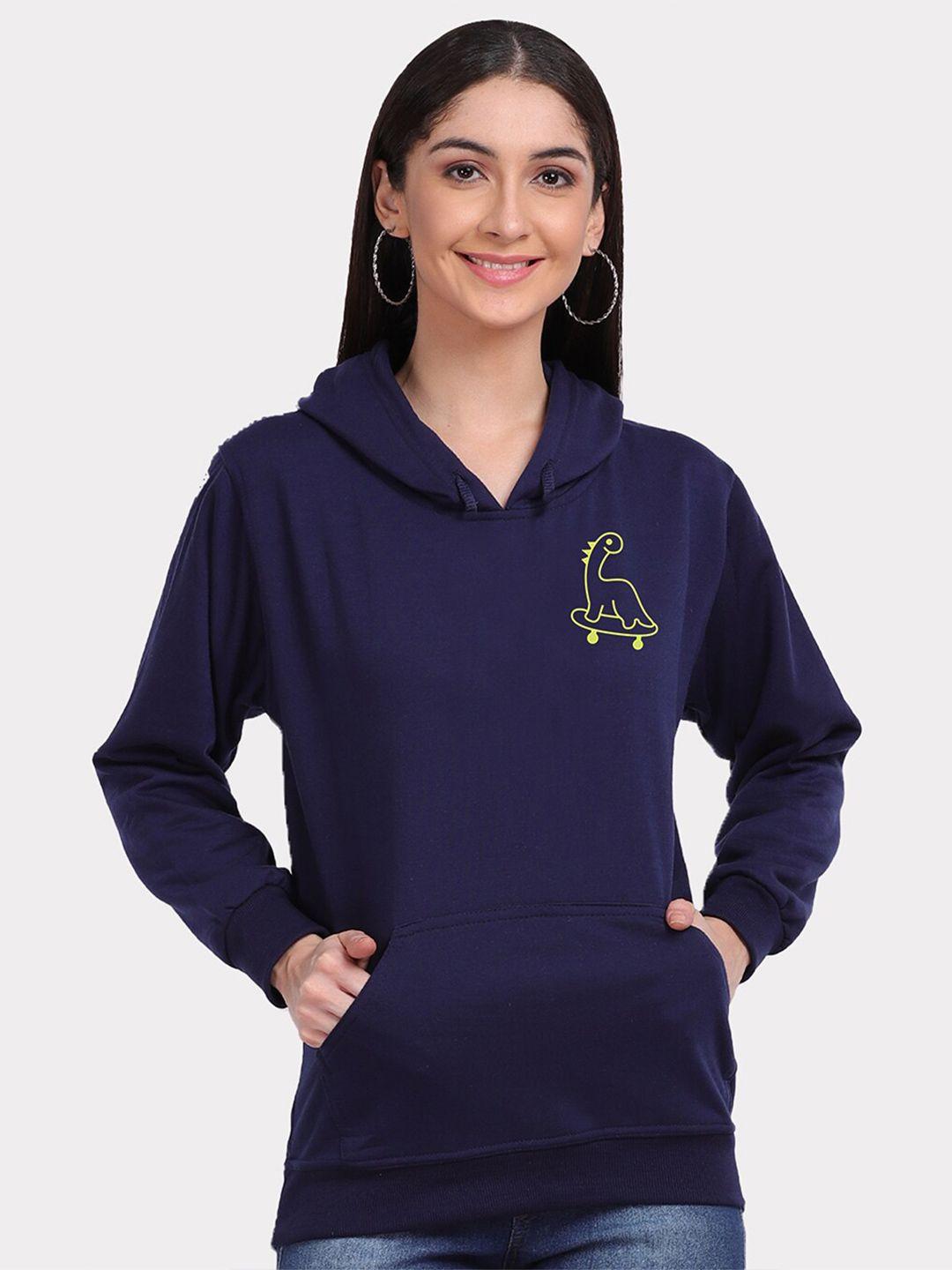 mad over print women navy blue dino skate animal placement print hooded sweatshirt