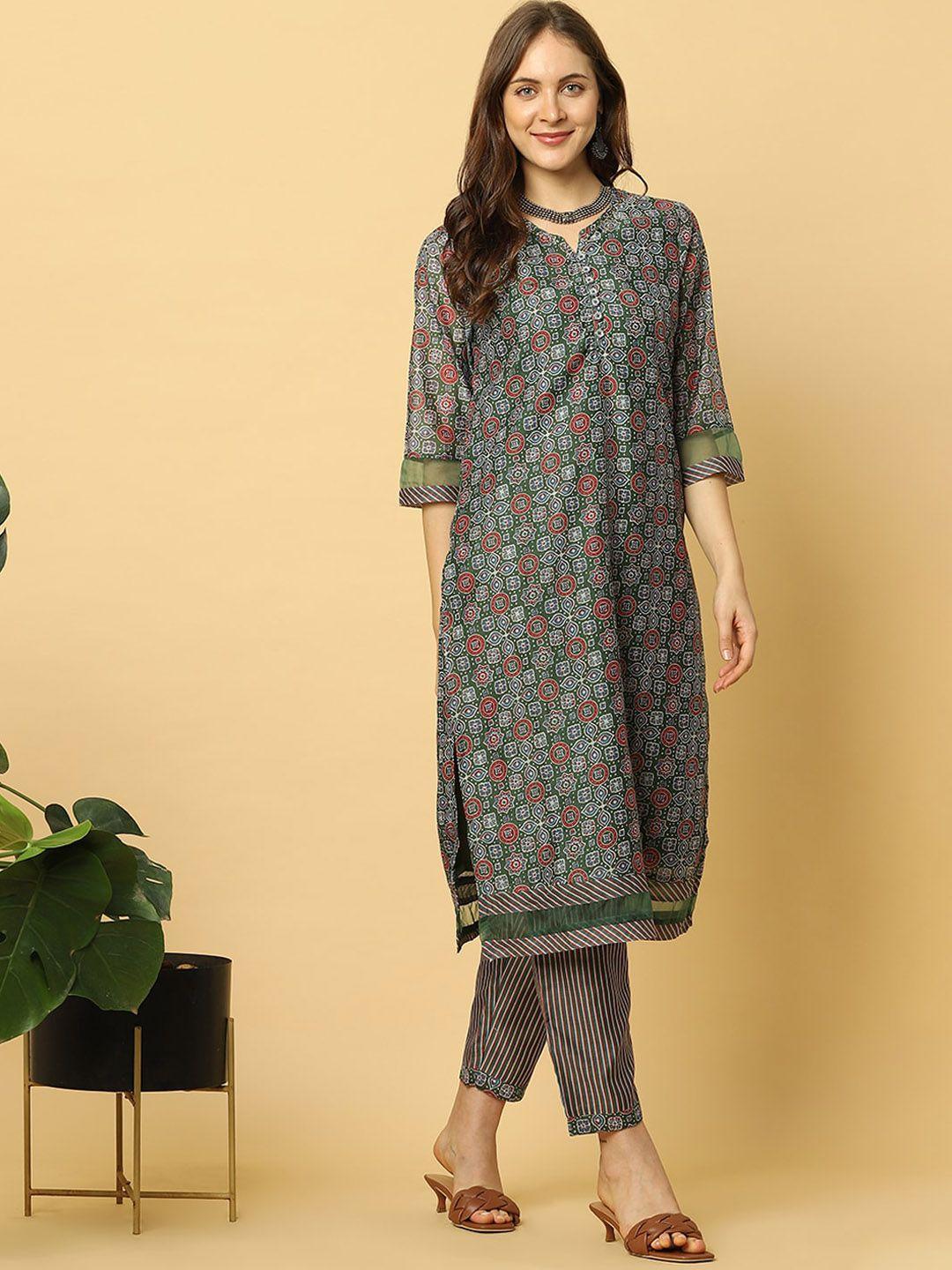 indifusion women green printed kurta with trousers