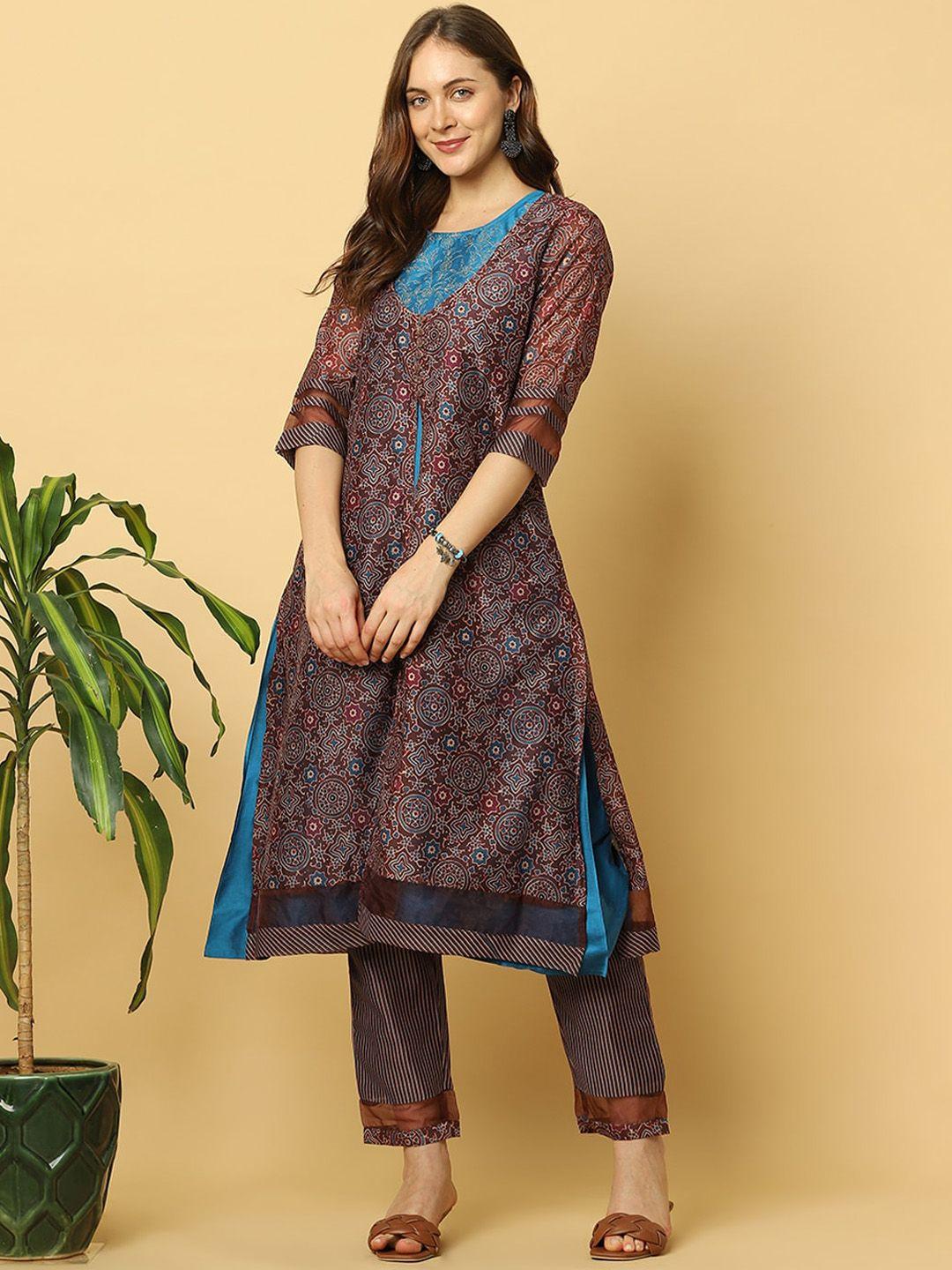 indifusion women maroon ethnic motifs printed layered kurta with trousers